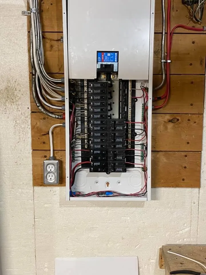 Neatly organized residential breaker panel and branch wiring.